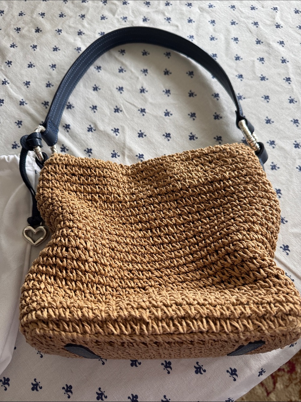 Brighton Woven Straw Shoulder Bag with leather Handle - Navy